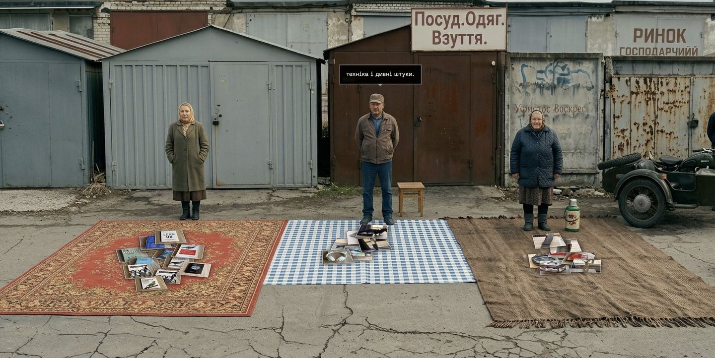 Garage sale: three market sellers by old garages, each with a rug of things for sale