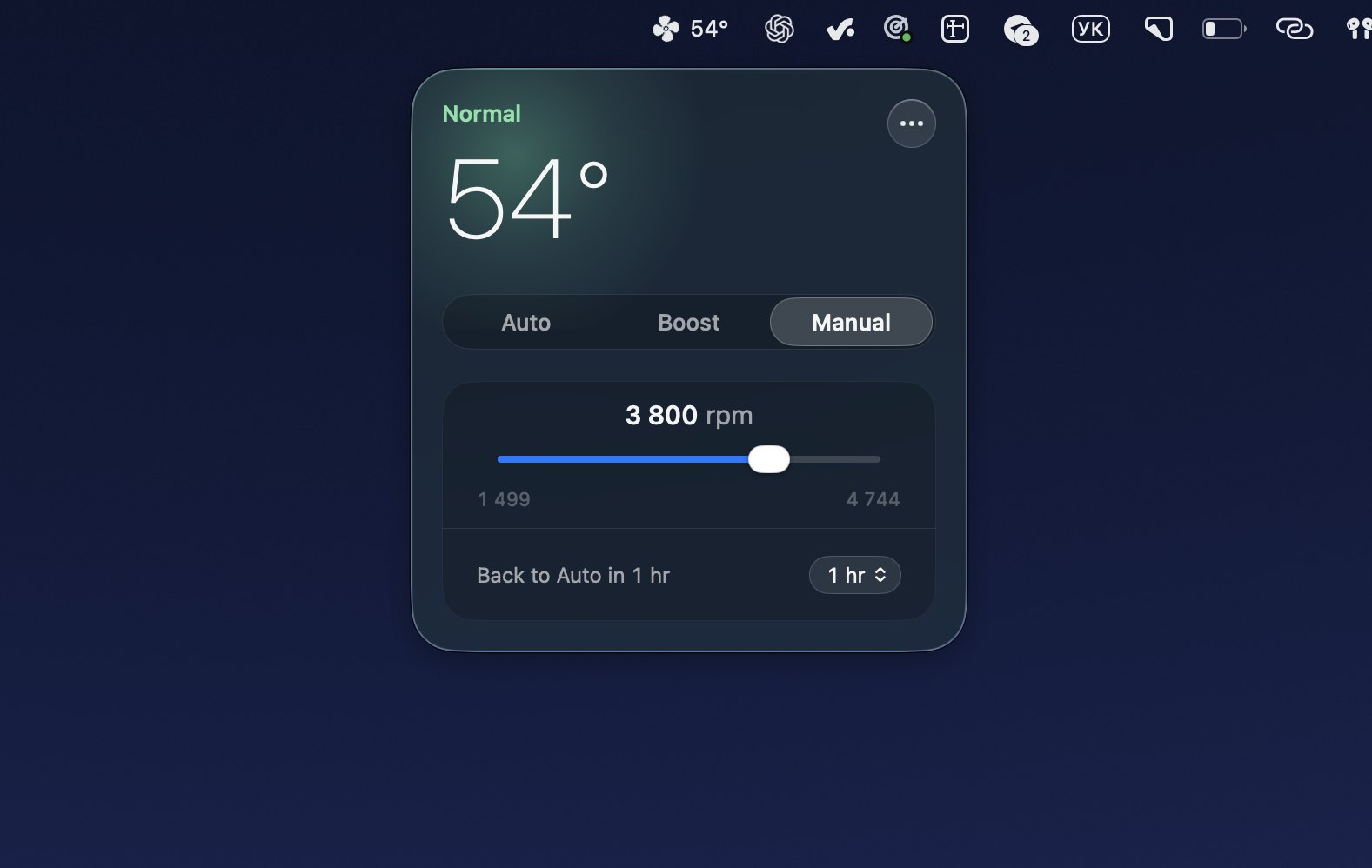 Venti: the menu-bar panel in Manual mode, fan set to 3,800 rpm