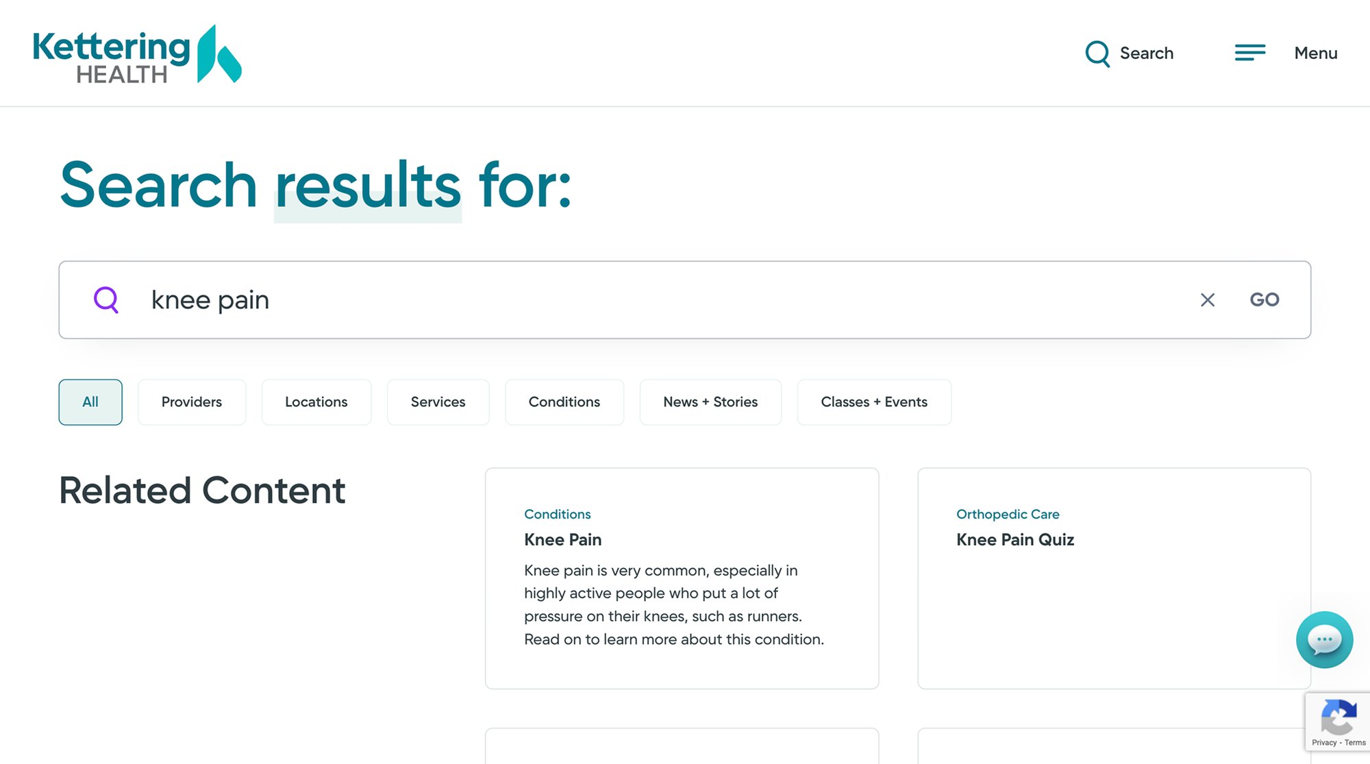 The old search results page for “knee pain”: a keyword list of related content