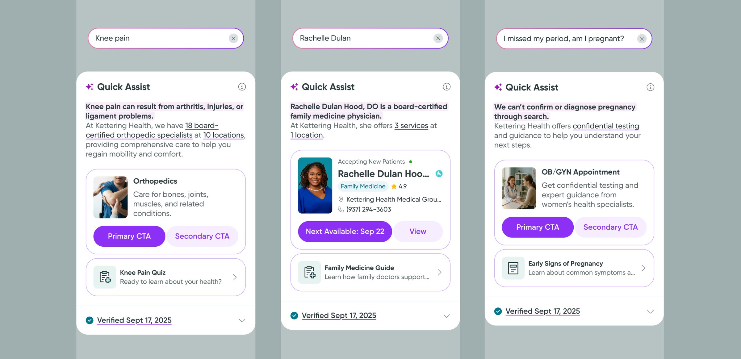 Quick Assist answers for three different searches