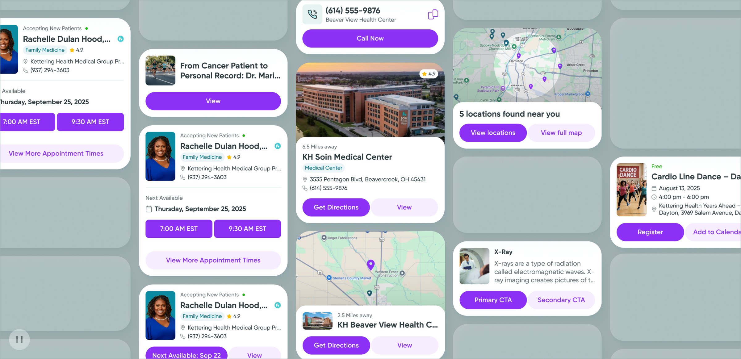 Result widgets: doctors, locations, events