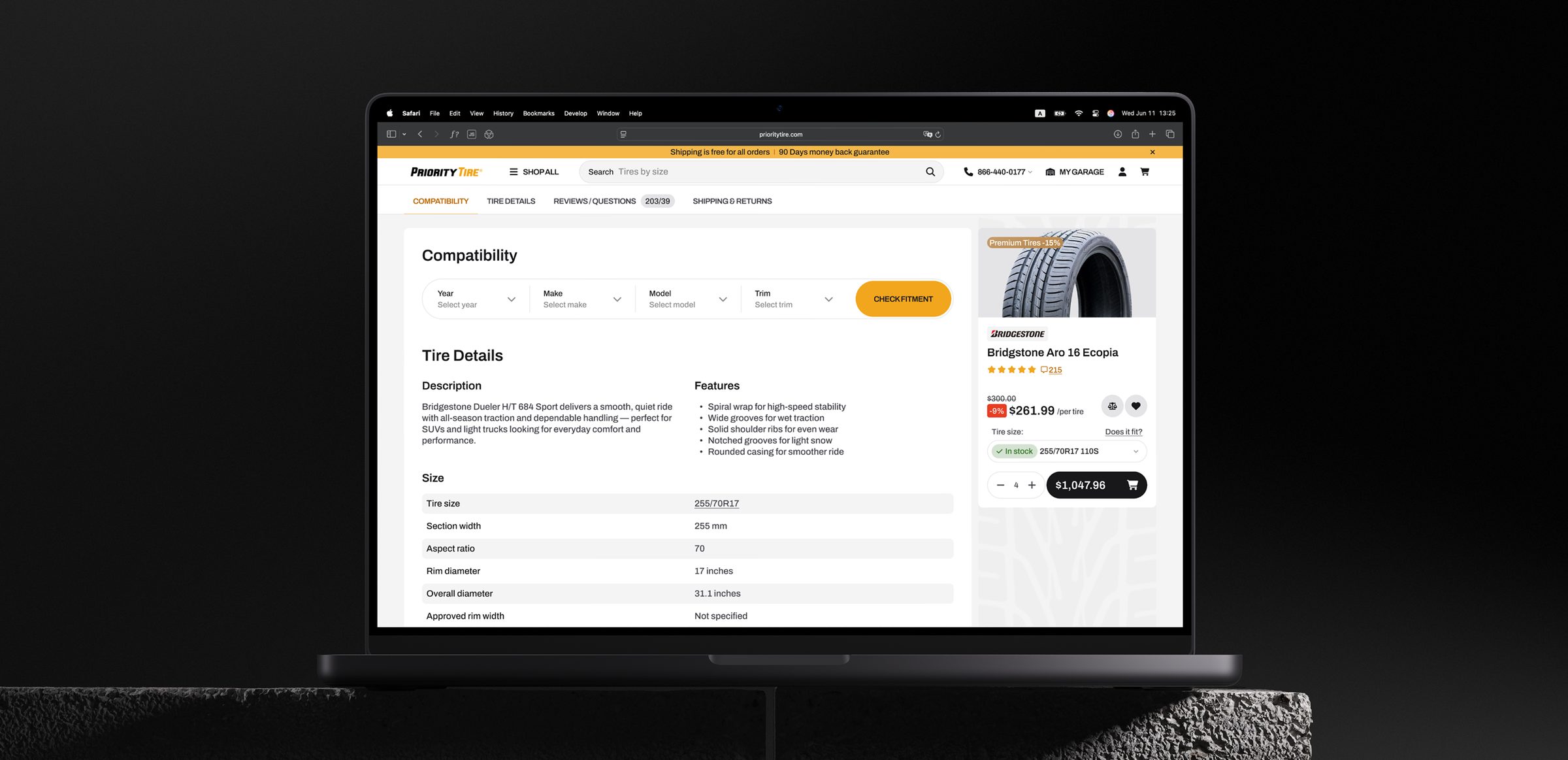 The product page on a laptop