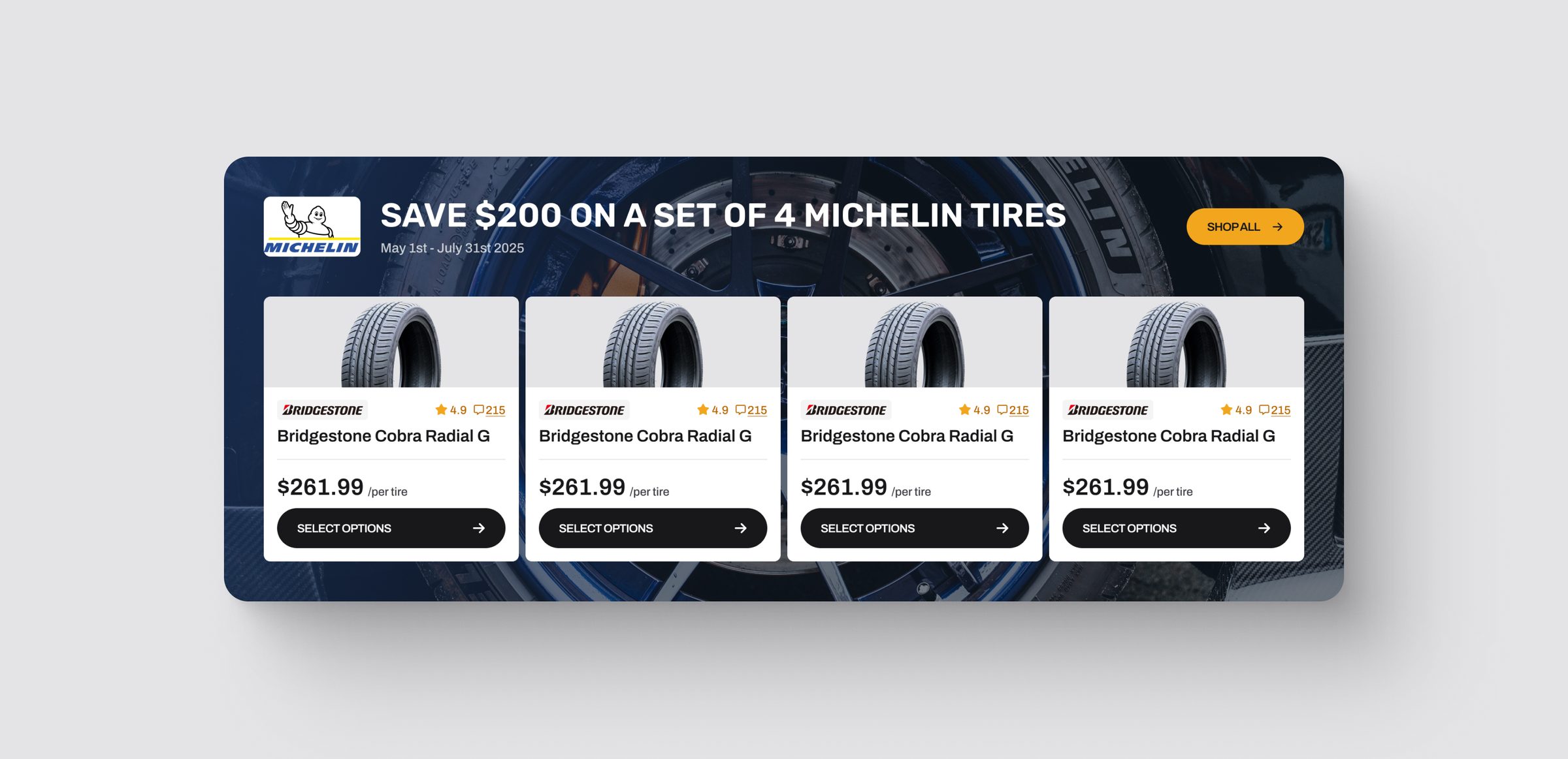 A promo banner that previews the tires in the offer