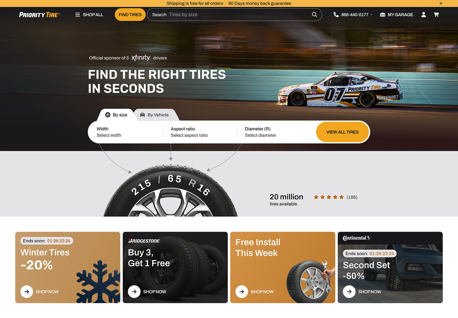 The new home page: the size search sits in the hero, with deals right below