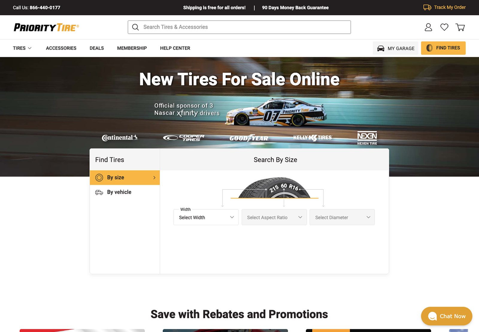 The old Priority Tire home page: a search bar, a menu row and a Find Tires panel under the hero